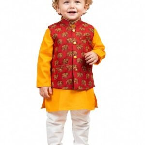 A.T.U.N. (ALL THINGS UBER NICE) Boys 100% Cotton Printed Kurta, Pyjama with Jacket Set | Soft Breathable Ethnic Traditional Clothing | Party, Photoshoot, Birthday, Casual Outdoor Wear for Kids